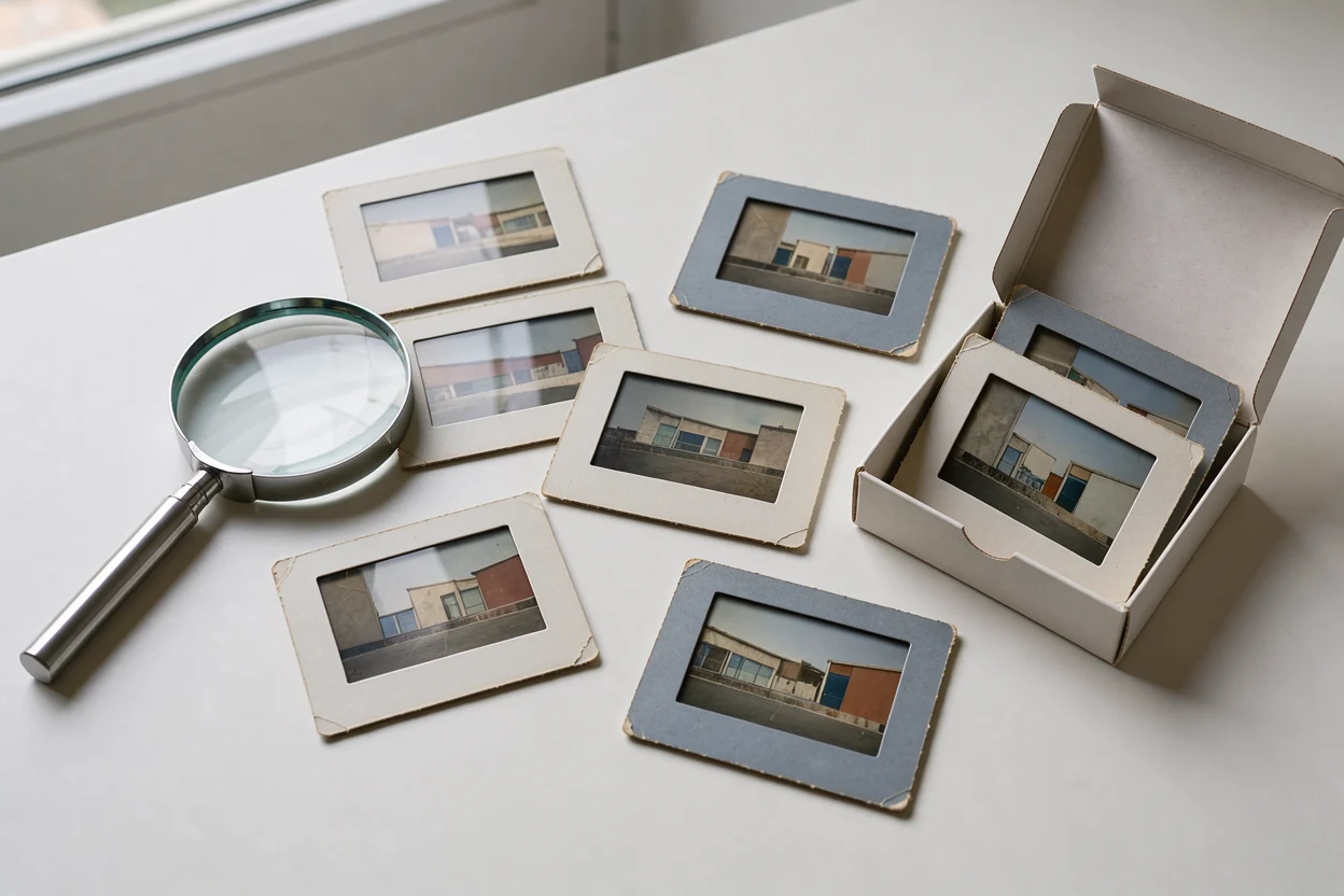 een diadoos met een paar ingeraamde beelden en een vergrootglas op een tafel, als illustratie van aandachtig kijken zonder een verzonnen historische scène als bewijs te gebruiken.