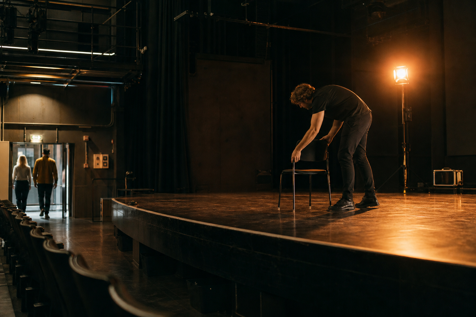 Theatertechnicus zet een stoel klaar op een lege moderne toneelvloer